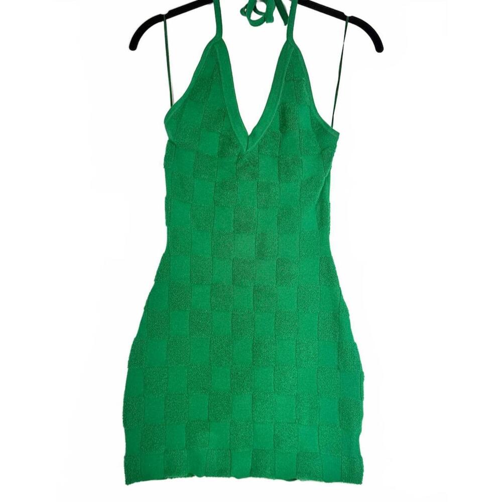 Brooklyn‎ Karma Green Checkered Halter Mini Dress - Textured Knit - Size XS